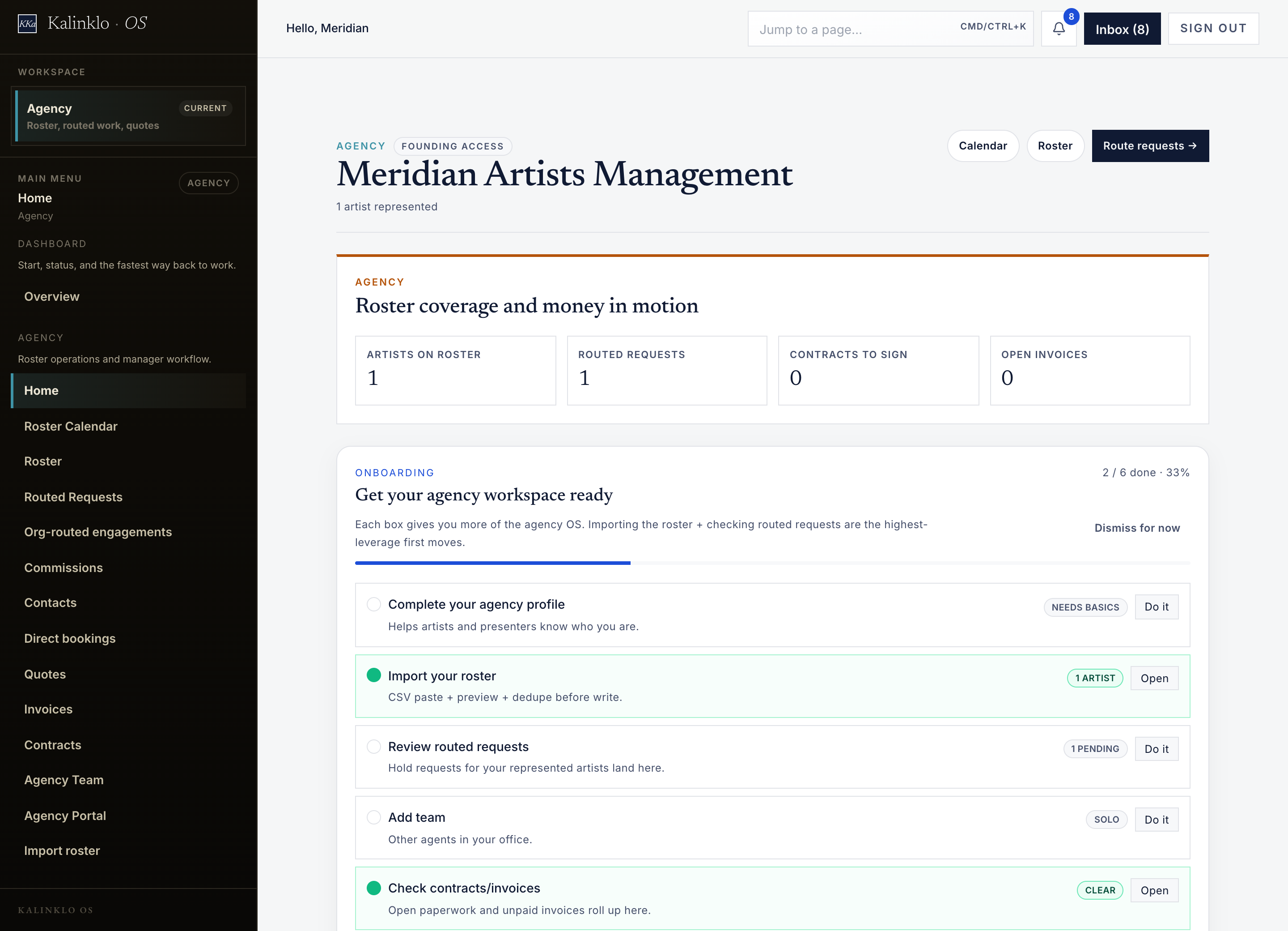 The Kalinklo agency dashboard with roster coverage, routed requests and commissions